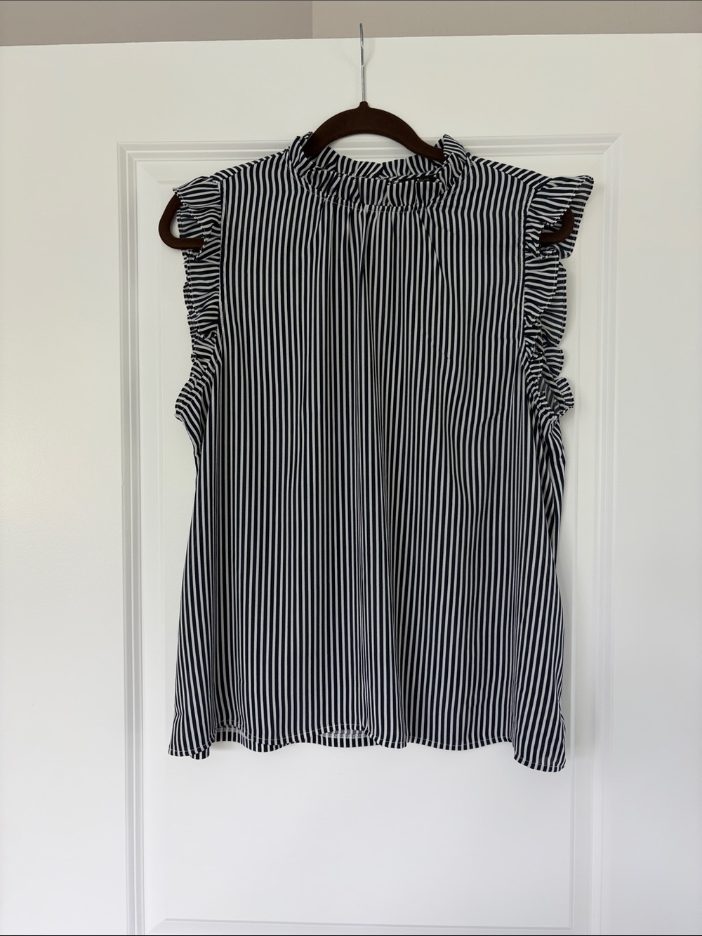 Ann Taylor Factory Navy Blue & White Vertical Stripe Ruffle Sleeve Top